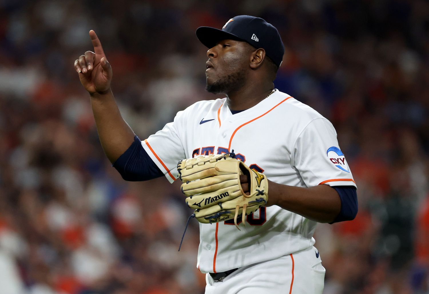 Oct 23, 2023; Houston, Texas, USA; Houston Astros pitcher Hector Neris (50) reacts after the fifth inning of game seven in the ALCS against the Texas Rangers for the 2023 MLB playoffs at Minute Maid Park.